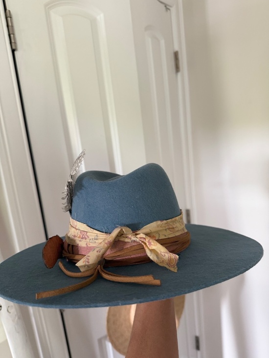 Stampede Hats Blue Wool Felt Fedora Small Custom Decorated Boho Western